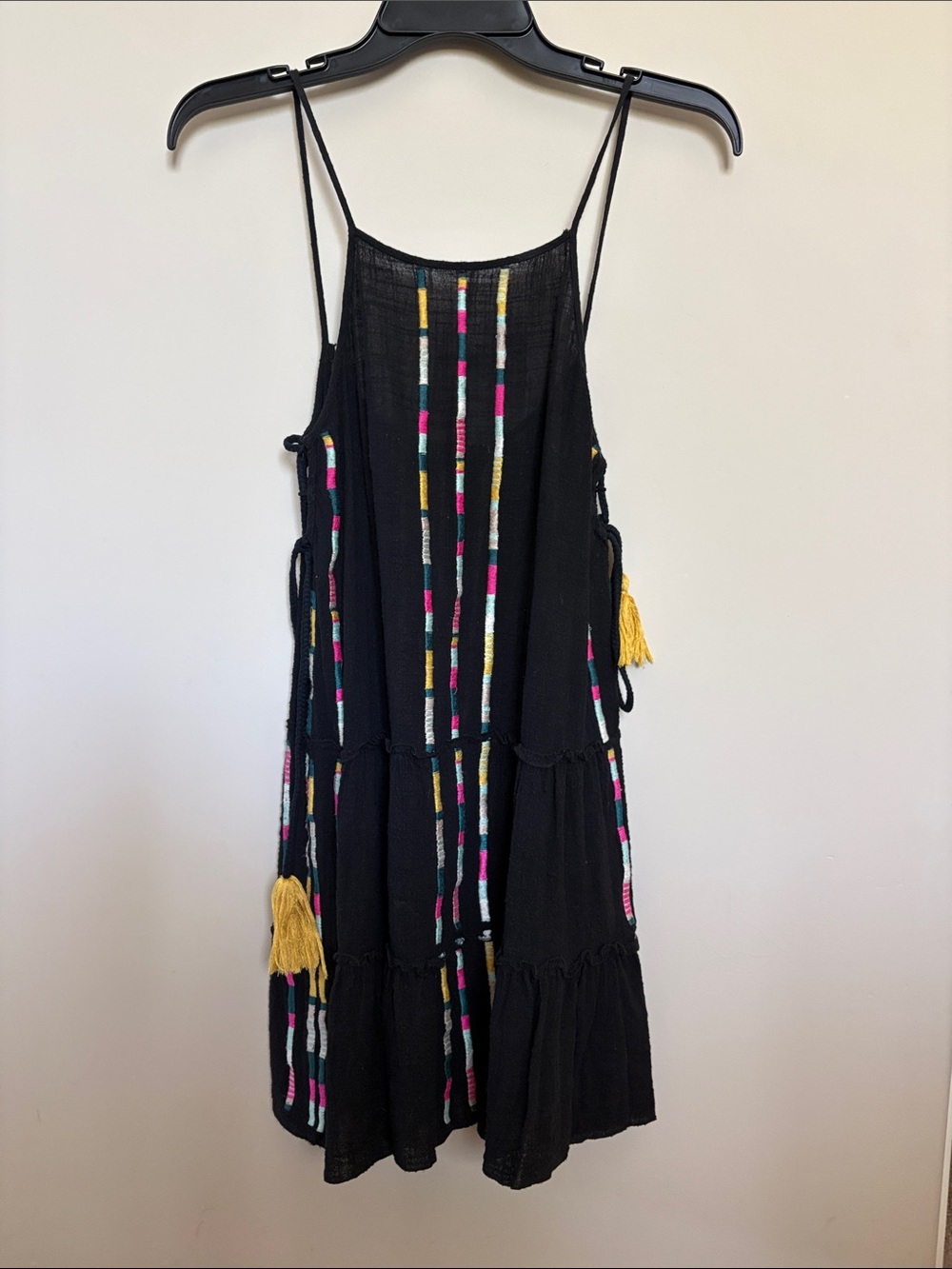 BOHO Mini Dress with Colorful Handmade Stripes & Lattice Side Design Size XS